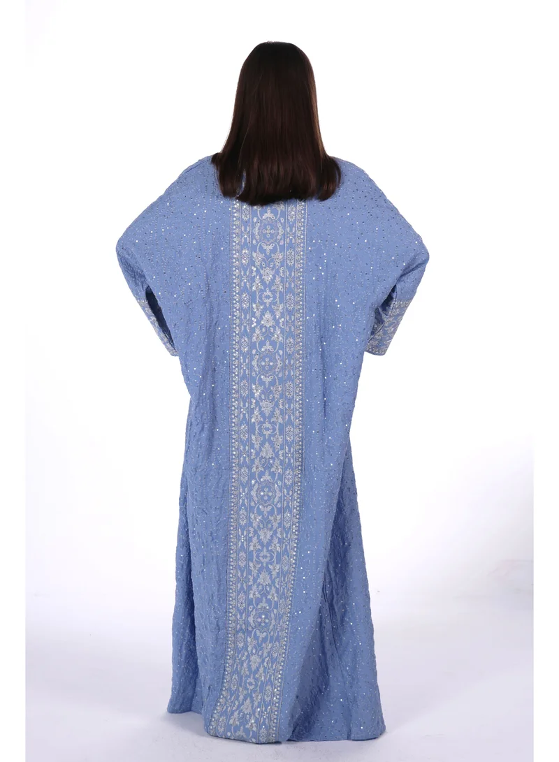 AL BENT AL SHARQIEH blue Embroidered Linen Jalabiya dress with unvisible belt for Women | Best Price UAE